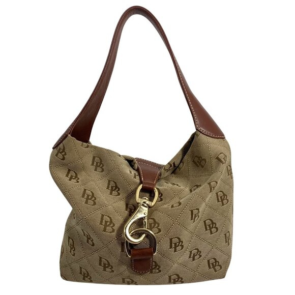 Dooney Bourke Signature Logo Tan Canvas Brown Leather Lock Front Shoulder Bag - Picture 1 of 14